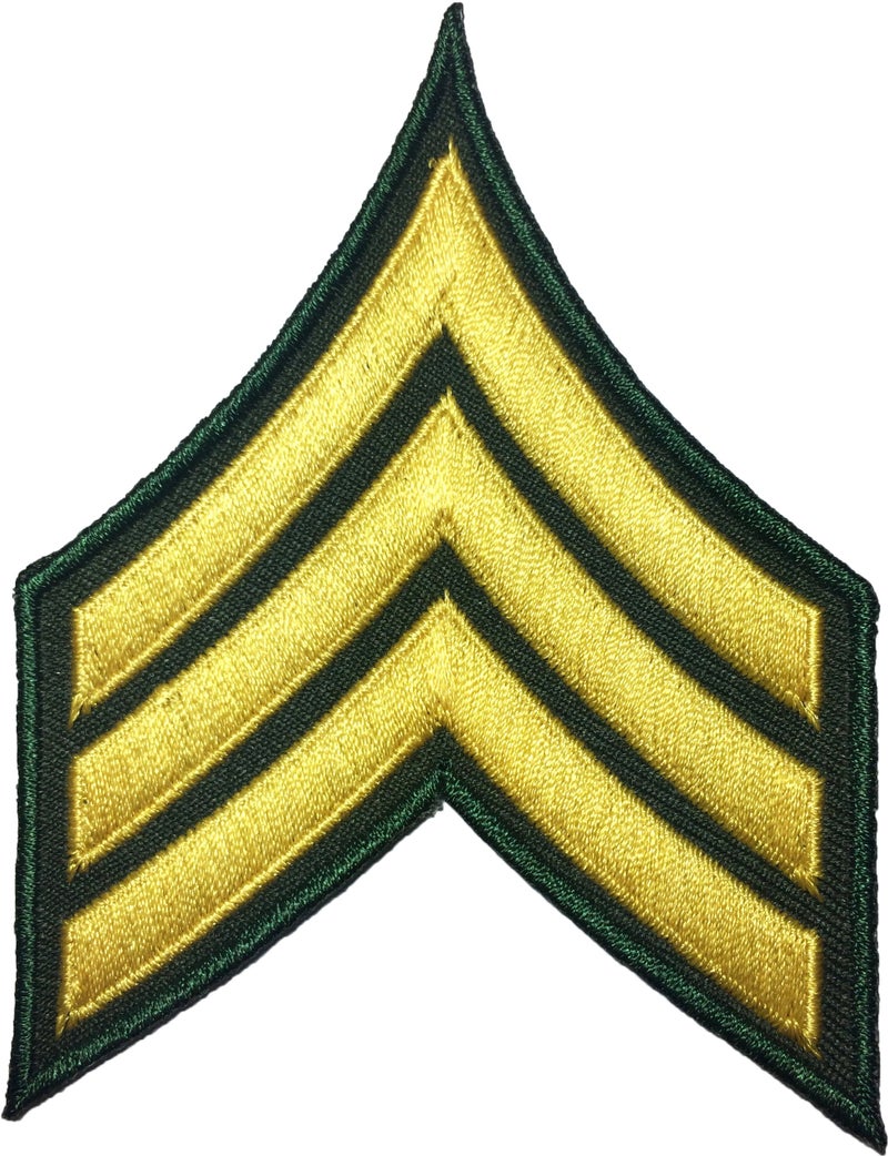 Papapatch Chevrons Sergeant E-5 Stripes US Army Rank Sew on Iron on Arms Shoulder Embroidered Applique Patch - Gold on Green (IRON-E5-OD-NBOR)